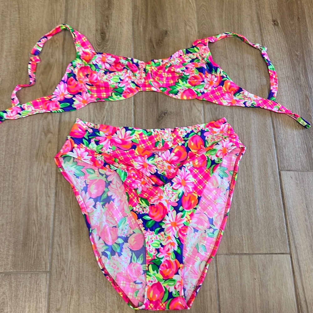 Hot pink 90s vintage bikini baywatch cross over waist top 36D bottoms XL